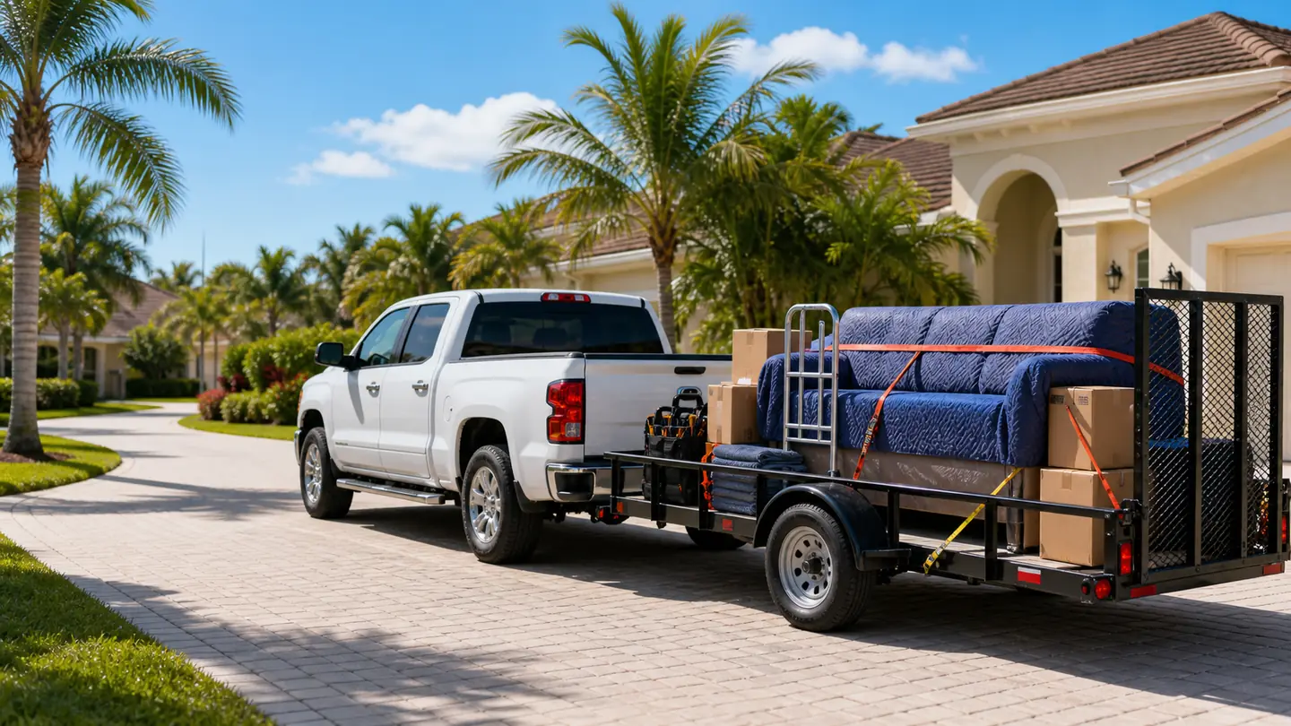 Truck and trailer loaded with furniture and boxes from a shopping run