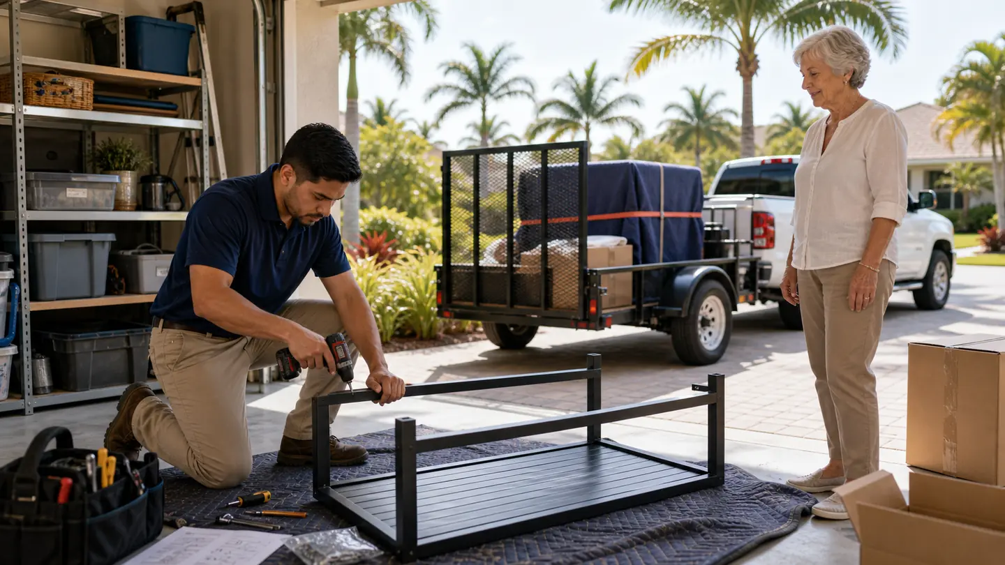 Assembling outdoor furniture at a listing in Southwest Florida