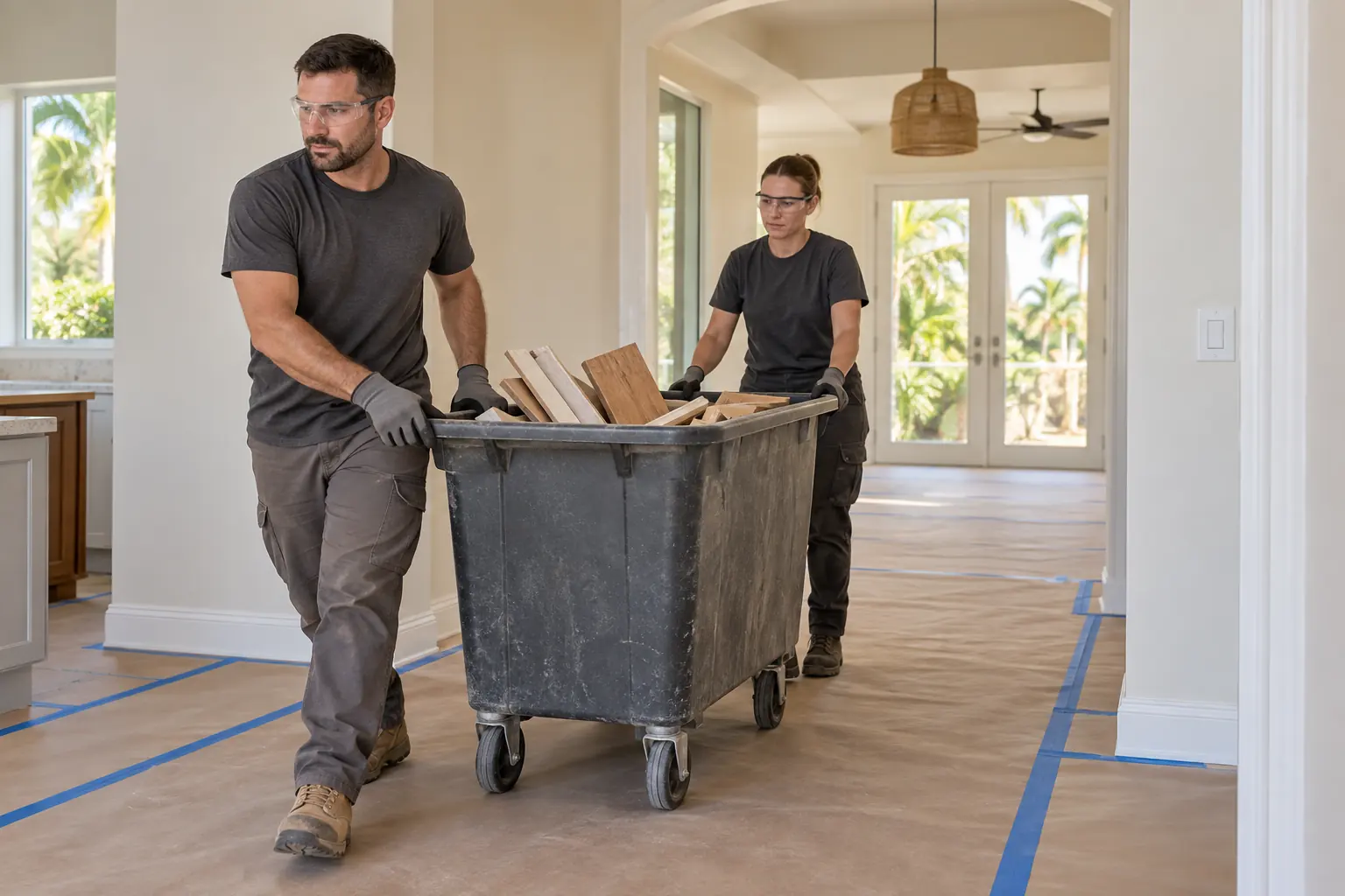 A clear route through the project Workers move a wheeled bin of dry renovation offcuts along a protected floor