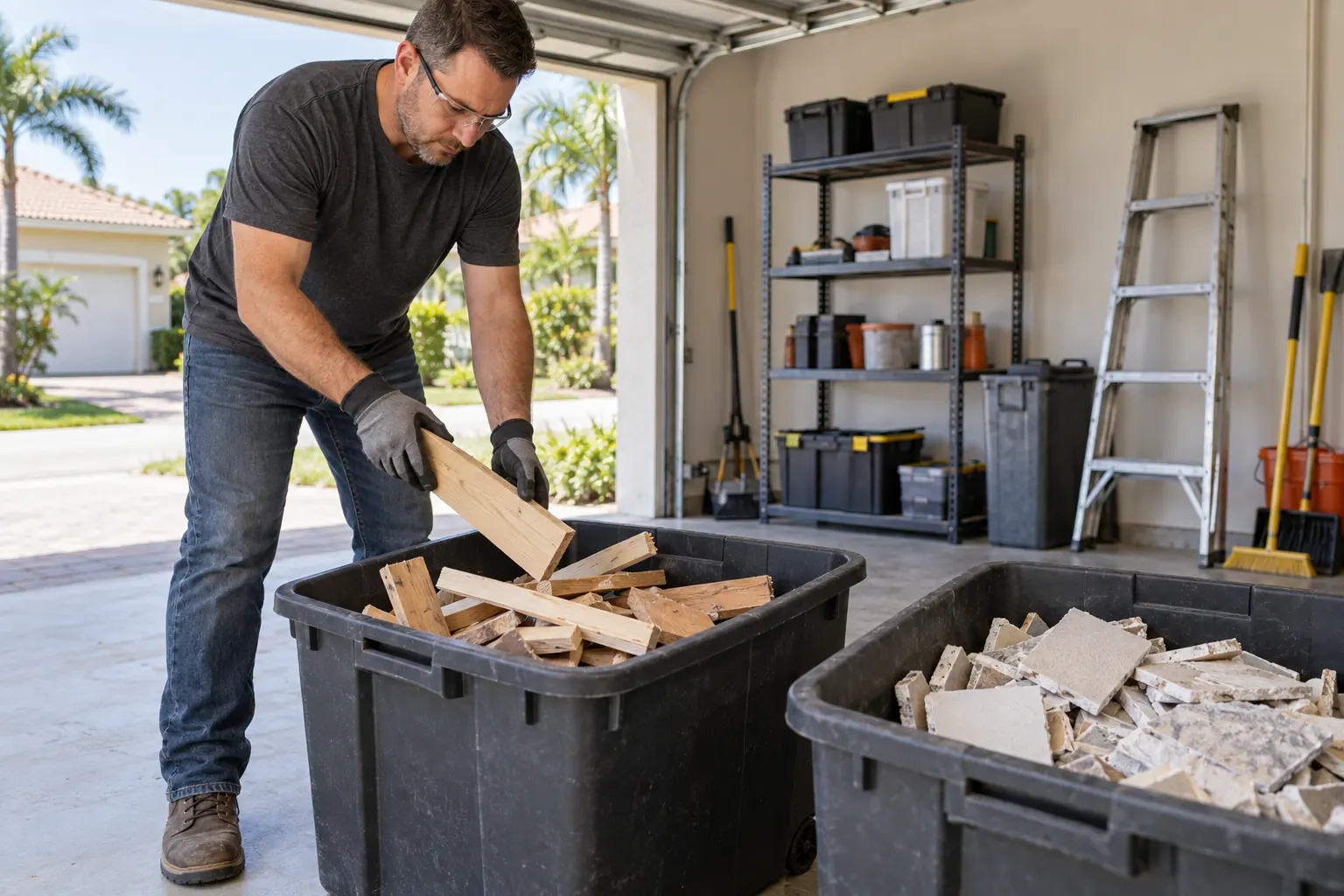 Separating renovation materials Small stacks of wood offcuts and tile fragments sit in separate sturdy containers