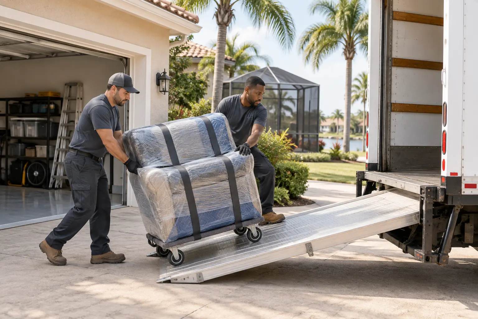 Removing damaged furniture Two workers guide a wrapped armchair on a dolly toward a truck outside a garage